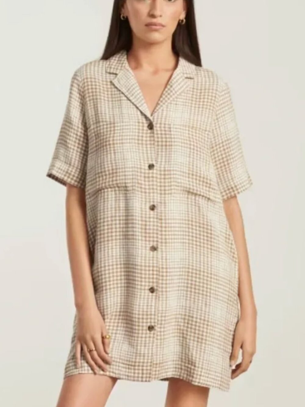 Everlane The Linen Workwear Plaid Button Up Collared Dress